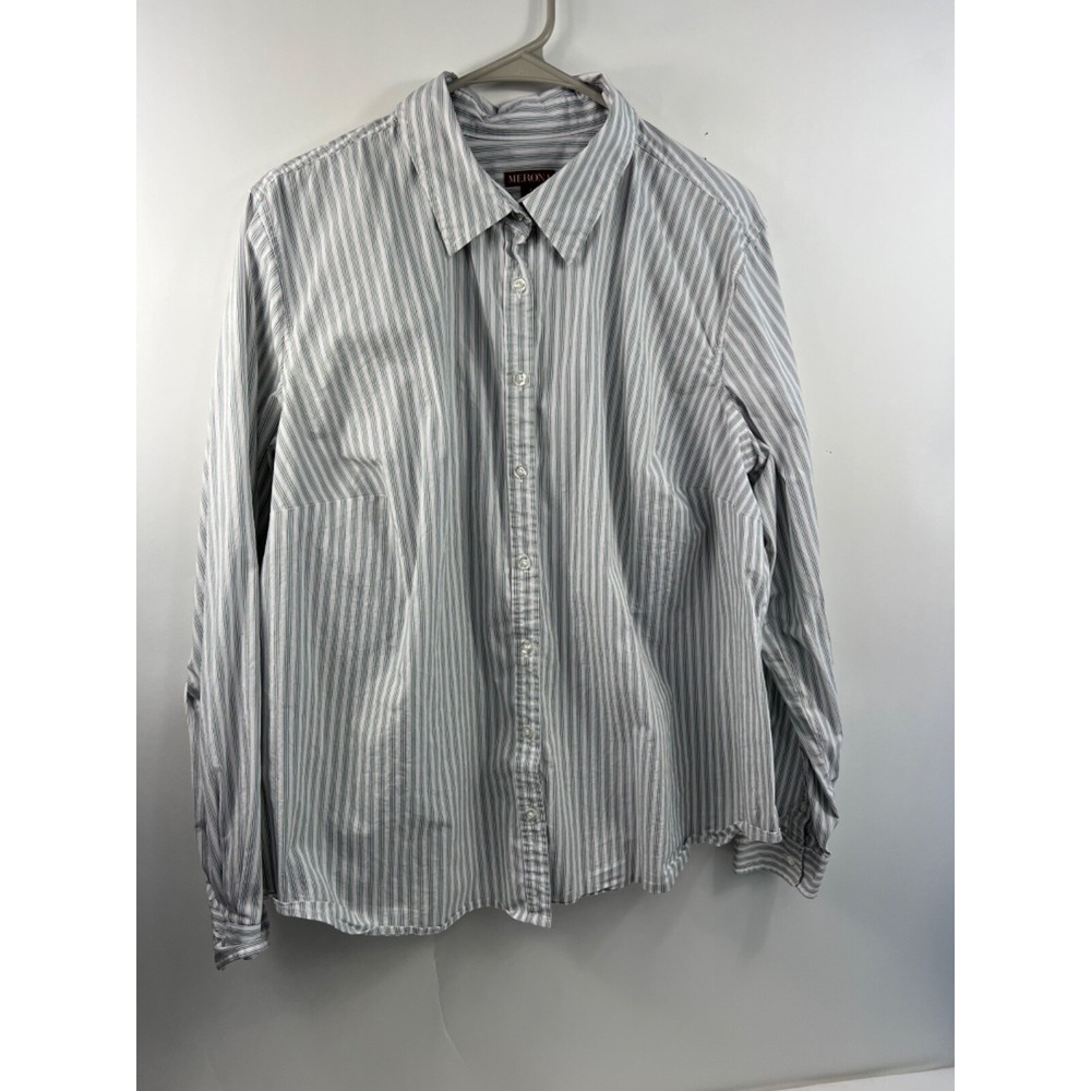 Merona‎ Dress Shirt Men's Size 1 White Striped Long Sleeve Cotton Stretch